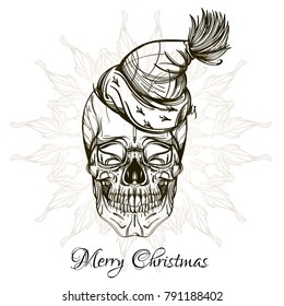 Human skull in a Santa Claus hat. Outline vector illustration isolated on white background for greeting cards, posters and other items.