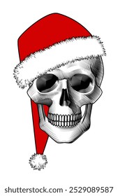 Human skull in Santa red hat. Vintage engraving stylized drawing. Vector illustration