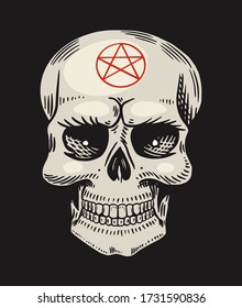Human skull with satanic symbols. Element of magic mystical spells. Hand drawn engraved doodle sketch. Vector illustration.