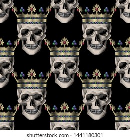 Human skull seamless pattern background isolated on white. Vintage color engraving stylized drawing. Great for fabric, textile. Vector illustration.