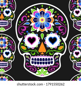 human skull seamless pattern. Good for textile, wrapping, wallpapers, etc. skull colored spooky  isolated on black background. Vector illustration.