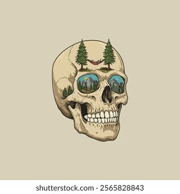 A human skull with a serene camping scene reflected in its eye sockets, showcasing a juxtaposition of life and death within nature.