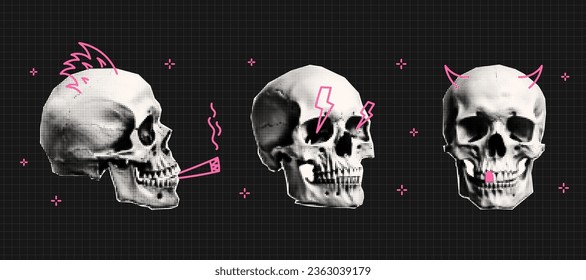 Human skull set. Contemporary vector halftone elements and cool pink doodle for collages. Vector.