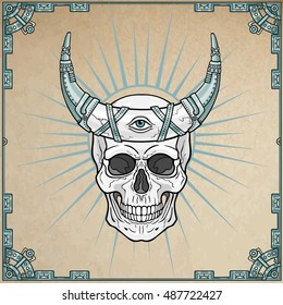 Human skull - the shaman, magic horn. Eye of Providence. Background - imitation of old paper, a decorative frame, magic circle. Vector illustration.