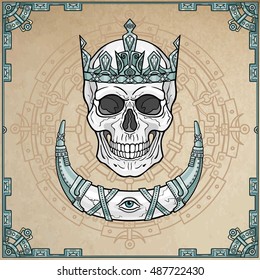 Human skull - the shaman, magic horn. Eye of Providence. Background - imitation of old paper, a decorative frame, magic circle. Vector illustration.