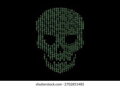 A human skull shape is constructed entirely from glowing green binary digits against a dark void. Digital skull formed from green binary code on a black background. EPS10 Vector illustrations