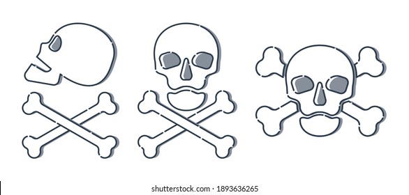 Human skull in side and full face view and crossbones on white background. Isolated illustration in flat style. Poison sign and symbol for design. An image of danger to humans. Icon of hazard to life
