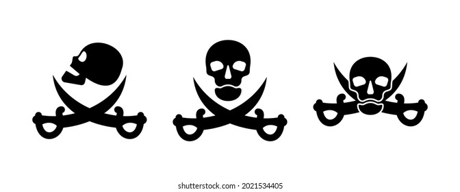 Human skull in side and full face view and crossed sabers. Pirate sign and symbol for design. Isolated illustration in flat style on white background. Image of danger to humans. Icon of hazard to life