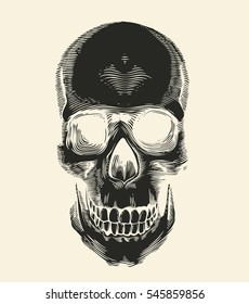 Human skull silhouette drawn in vintage engraving or woodcut style, front view. Symbol of death and horror. Monochrome vector illustration for label, postcard, banner, tattoo, logo, T-shirt print