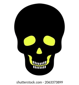 Human skull. Silhouette with glowing eyes. Vector illustration. Jaw with straight teeth. Hollows instead of eyes and nose. An integral part of the skeleton. Bone frame of the head. Halloween symbol.