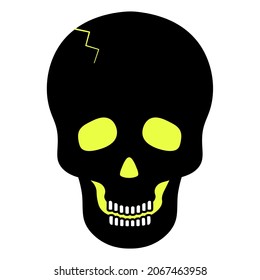 Human skull. Silhouette with glowing eyes. Crack in the forehead. Vector illustration. An integral part of the skeleton. Bone frame of the head. Isolated white background Jaw with straight teeth. 