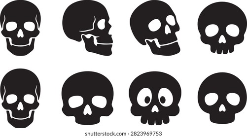 Human skull silhouette icon set with black profile views and facial expressions for anatomy themes