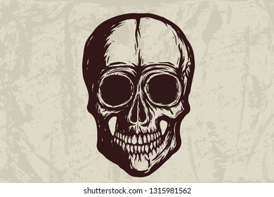 Human skull silhouette on grunge background. Hand drawn vector illustration. Tattoo skull or print design.
