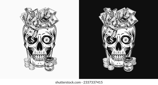 Human skull with single eye,100 dollar bills, gold dollar sign, coins. Skull like cup full of cash money. Concept of making money. Black and white illustration in vintage style