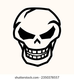 Calavera humana con sonrisa siniestra, ilustración vectorial. Icono de cráneo simple de línea de dibujo. Plantilla de logotipo de Jolly Roger, decoración de fiesta de Halloween, diseño de camisetas.