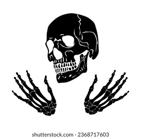 El cráneo humano y el esqueleto de las siluetas de huesos de la mano. Elementos de diseño de Halloween. Ilustraciones negras monocromáticas vectoriales aisladas en fondo blanco.