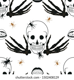 Human skull, skeleton hands, spiders and Vampire mouth on white background. Seamless vector pattern.

