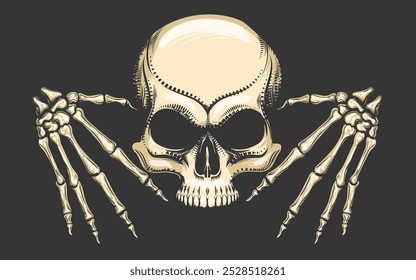 Human Skull with Skeleton Hands Tattoo in Engraving Style isolated on Black Vector illustration. 