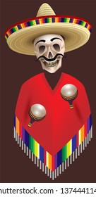 Human skull skeleton in sombrero and poncho hat holds two maracas. Cinco de Mayo mexican holiday. Vector illustration