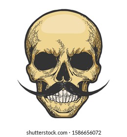 Human skull sketch engraving vector illustration. T-shirt apparel print design. Scratch board style imitation. Black and white hand drawn image.