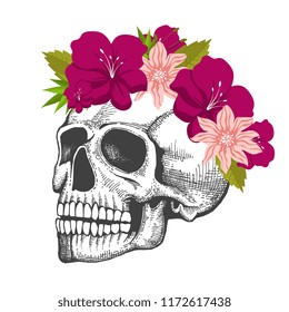 Human skull sketch with floral wreath isolated on white background isolated on white illustration