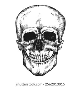 Human skull sketch isolated on white background. Vintage vector illustration.	
