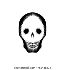Human skull. Sketch for tattoo and for print. Mask for carnival. Abstract graphic image of black color on white background. Typographical design. Isolated image in grunge style. Vector EPS8.
