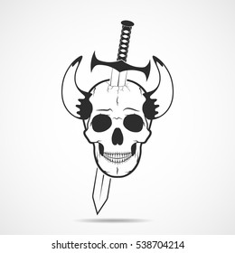 Human skull slain by a sword. Skull and sword, isolated on light background. Vector illustration