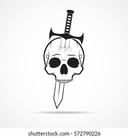 Human skull slain by a sword. Skull and sword, isolated on light background. Vector illustration