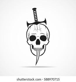 Human skull slain by a sword. Skull and sword, isolated on light background. Vector illustration