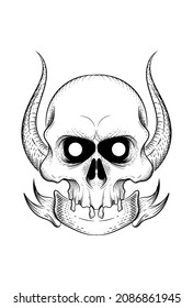 Human skull with sling and horn vector illustration