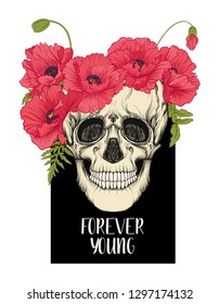 Human Skull  with slogan.  Good for print on T-shirts, bags,  covers.  Vector illustration.