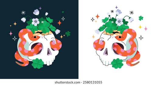 Human skull with snake inside clover and shamrock flowers. Vector illustration. Cartoon style