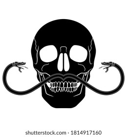 Human skull with сгкмув snake mustache. Creative funny concept. Black and white silhouette.
