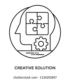 Human skull with solved and attached puzzle pieces with process symbol, iconography for creative solution 