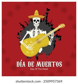 Um crânio humano em um chapéu sombrero tocando guitarra. Comemorando o dia dos mortos no México sobre um fundo vermelho. Conceito de Dia dos Mortos. Ilustração de vetor plano.