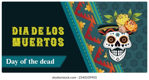 Crânio humano com sombrero e flores de calêndula. Festival tradicional de dança e música. Conceito de Dia dos Mortos. Ilustração de vetor plano.