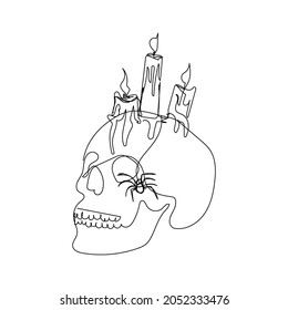 Human skull with spider and burning candles one line art. Continuous line drawing of halloween theme, gothic, autumn mood, black Widow, karakurt, tarantula.