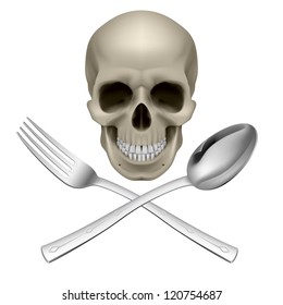 Human Skull with a Spoon and Fork. Illustration for design