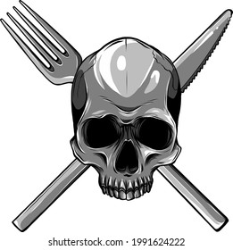 Human Skull with a Spoon and Fork. Illustration for design