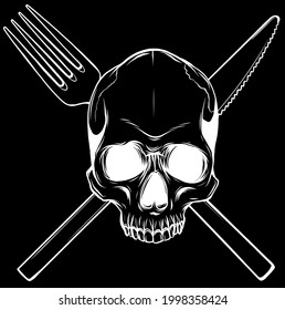 Human Skull with a Spoon and Fork. Illustration for design