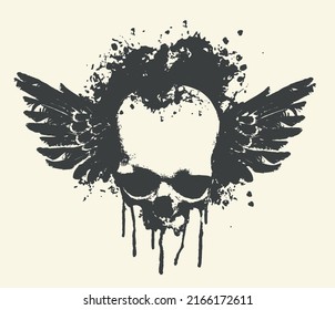 human skull with spots, splashes and bird wings. Graphic print for clothes, fabric, wallpaper, wrapping paper, design element for halloween party