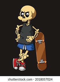 The human skull standing beside the skateboard of illustration