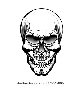 The Human skull. Stylish cartoon & tattoo. Monochrome image. In contrast black & white. Material for design, concept art. Halloween theme, danger and immortality.Vector Isolated image & illustration.