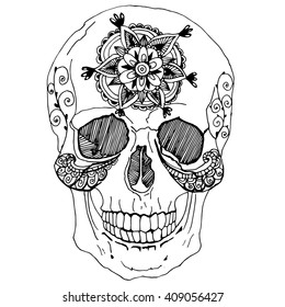 Human skull. A stylized skull. Line art. Black and white drawing by hand. Skull with flowers. Zentangl. Decorative