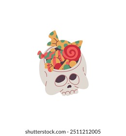 Cráneo humano con Ilustración vectorial de dulces. Calavera de dibujos animados con icono de golosinas de Halloween, huesos festivos del neurocráneo. Cabeza de la persona muerta con los caramelos aislados en el fondo blanco