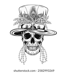 Human skull with tall cylinder hat with bunch of feathers and bundle of beads between jaws. Mardi Gras themed detailed illustration in vintage style.