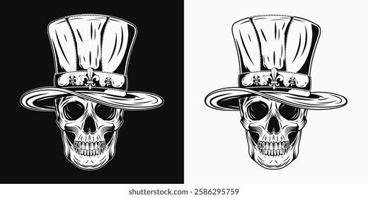 Human skull with tall cylinder hat. Mardi Gras themed detailed illustration in vintage style.