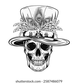 Human skull with tall cylinder hat with bunch of feathers. Mardi Gras themed black and white detailed illustration in vintage style.