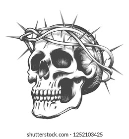 Human Skull in thorns wreath drawn in tattoo style. Vector illustration.